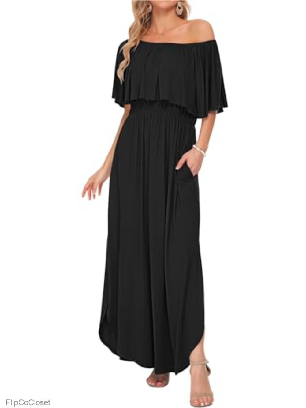Off Shoulder Ruffle Split Summer Maxi Dress with Pockets